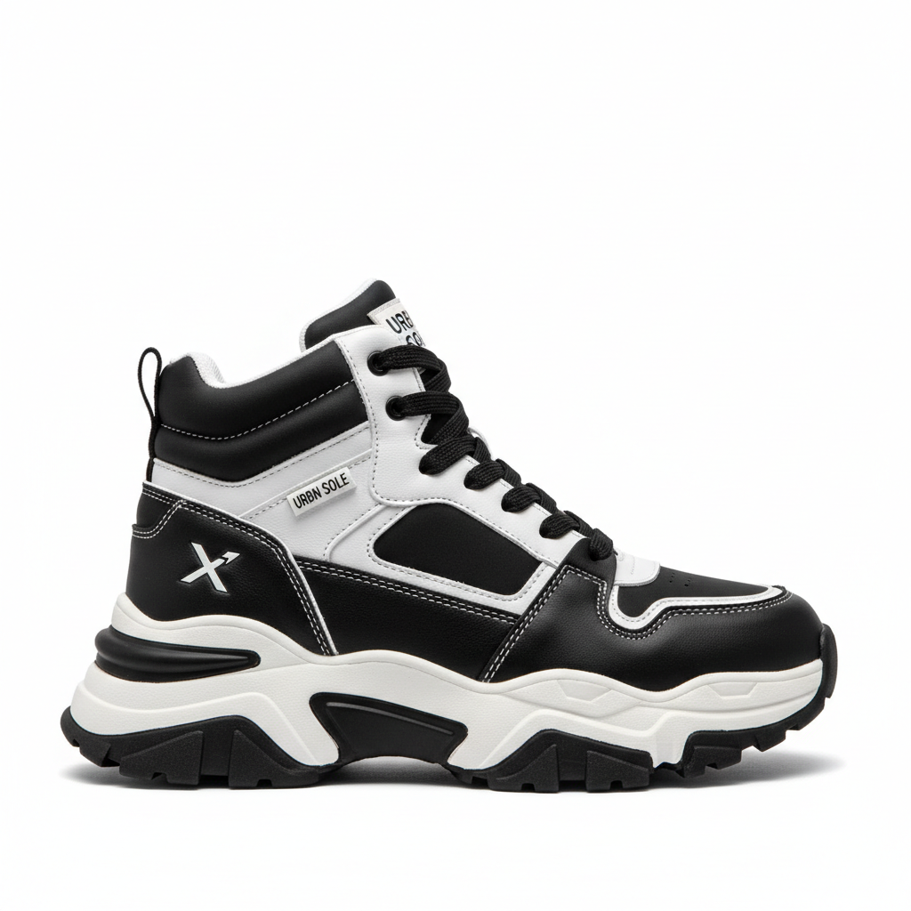 Men's black and white high top streetwear sneaker on white background