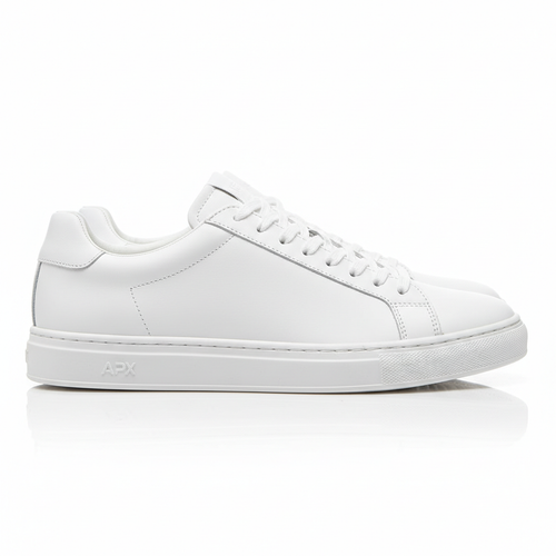 Men's white low top leather sneaker on white background