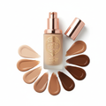 Women's full coverage foundation bottle with shade swatches on white background