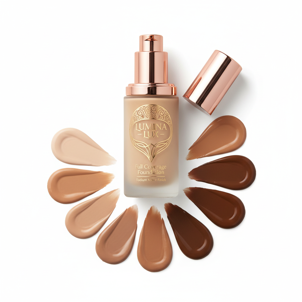Women's full coverage foundation bottle with shade swatches on white background